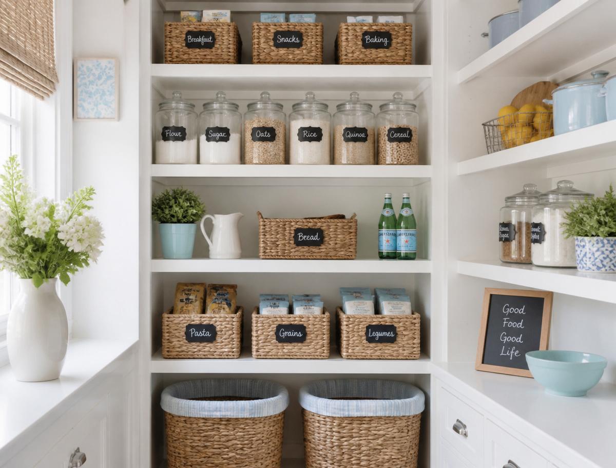 Organized pantry with labeled seagrass baskets